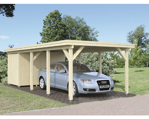 Holzcarport mit Geräteraum und geparktem Auto