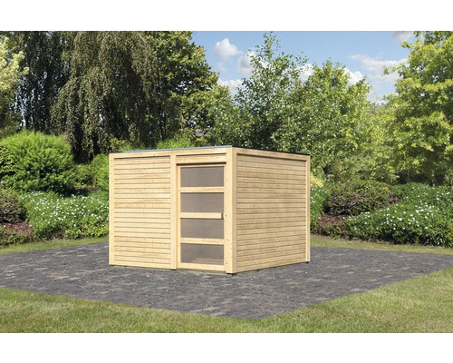 Gartenhaus Karibu Carlson 2 mit selbstklebender Dachfolie 276 x 276 cm natur Holzgartenhaus mit Tür und Flachdach im Garten