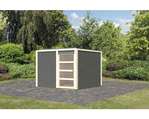 Gartenhaus Karibu Carlson 2 mit selbstklebender Dachfolie 276 x 276 cm terragrau Gartenhaus aus Holz mit Schiebetür