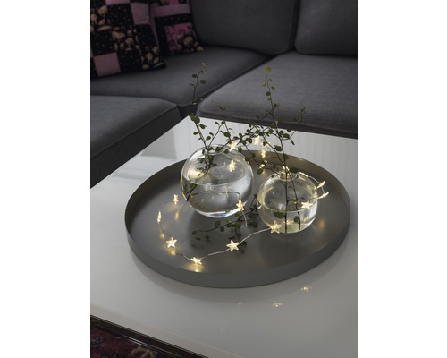 Dekoration mit Sternenlichterkette, zwei Glasvasen und Pflanzen auf einem Serviertablett