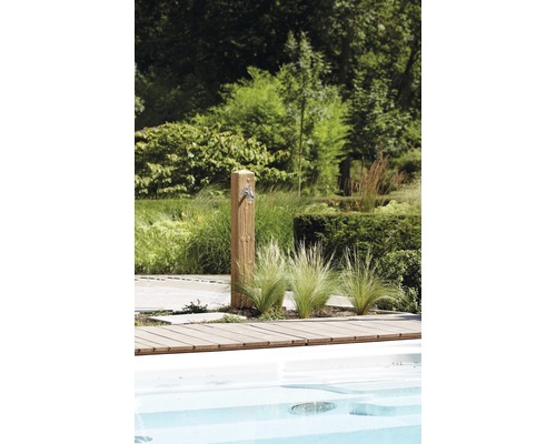 Gartenszene mit Pool, Holzterrasse und Außendusche