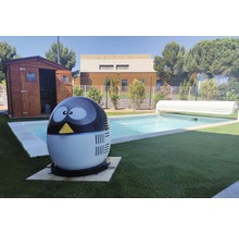 Poolszene mit Pool, Poolabdeckung, Gartenhaus und Poolwärmepumpe im Pinguin Design