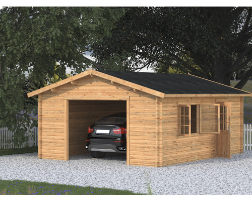 Einzelgarage Palmako Roger 23,9 m² ohne Tor 450 x 550 cm tauchgrundiert braun Holzgarage mit Auto, Fenster und Tür in einem Garten