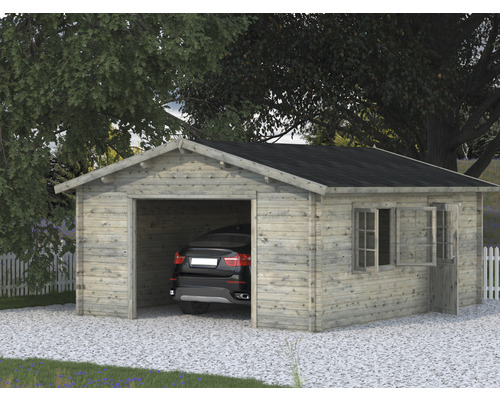 Einzelgarage Palmako Roger 23,9 m² ohne Tor 450 x 550 cm tauchgrundiert grau Holzgarage mit Auto, Fenster und Tür in einem Garten