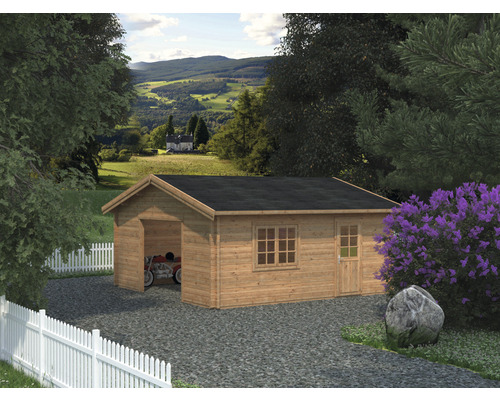 Einzelgarage Palmako Roger 27,7 m² ohne Tor 540 x 540 cm tauchgrundiert braun Holzgarage mit Fenster und Tür, umgeben von Bäumen und Sträuchern