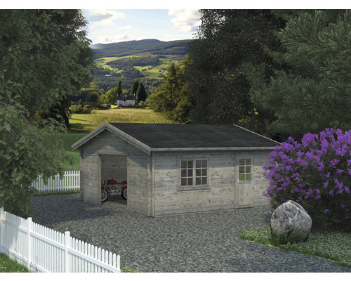 Einzelgarage Palmako Roger 27,7 m² ohne Tor 540 x 540 cm tauchgrundiert grau Holzgartenhaus mit Garage, Fenster und Tür vor Landschaft