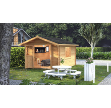 Garten Szene mit einem Holz Gartenhaus und einem runden Picknicktisch