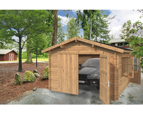 Einzelgarage Palmako Roger 19,0 m² mit Holztor 360 x 550 cm tauchgrundiert braun Holzgarage mit geöffneten Türen und einem darin geparkten Auto