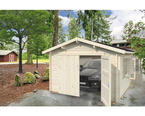 Einzelgarage Palmako Roger 19,0 m² mit Holztor 360 x 550 cm tauchgrundiert Holzgarage mit Auto und geöffneten Türen im Garten
