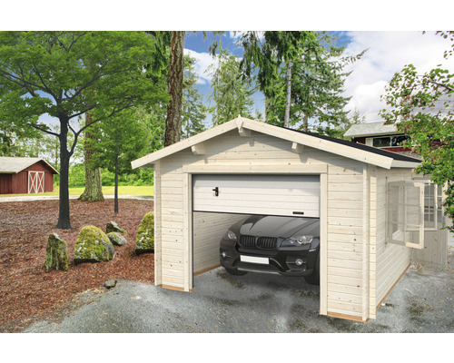 Einzelgarage Palmako Roger 19,0 m² mit Sektionaltor 360 x 550 cm tauchgrundiert Holzgarage mit schwarzem Auto