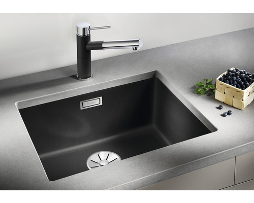 Küchenspüle mit Armatur und Blaubeeren