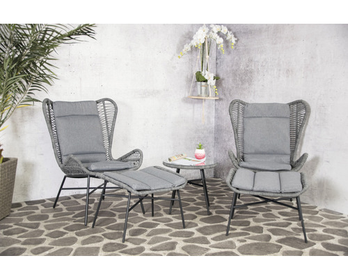 Gartenmöbelset mit zwei Sesseln, einem Hocker und einem Tisch