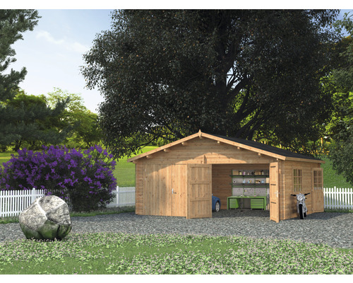 Doppelgarage Palmako Roger 28,4 m² mit Holztoren 575 x 510 cm tauchgrundiert braun Holzgarage mit geöffneten Türen und Fenster in einem Garten