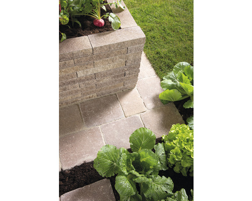 Hochbeet aus Stein mit Pflastersteinen und Gemüse im Garten