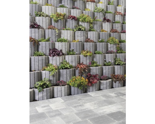 Eine Gartenmauer aus Betonpflanzsteinen mit Bepflanzung.