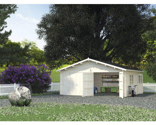 Doppelgarage Palmako Roger 28,4 m² mit Holztoren 575 x 510 cm tauchgrundiert Holzgartenhaus mit geöffneten Türen und Fenstern im Garten