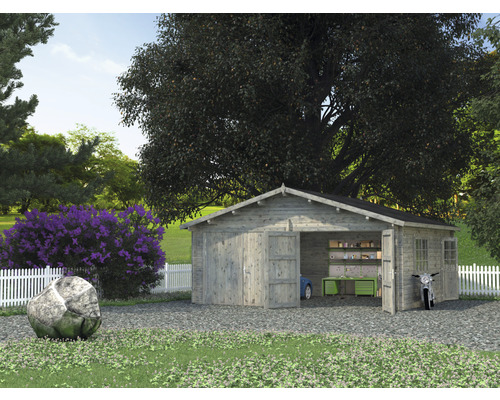 Doppelgarage Palmako Roger 28,4 m² mit Holztoren 575 x 510 cm tauchgrundiert grau Garten mit Holzgarage, Motorroller und Werkzeugen