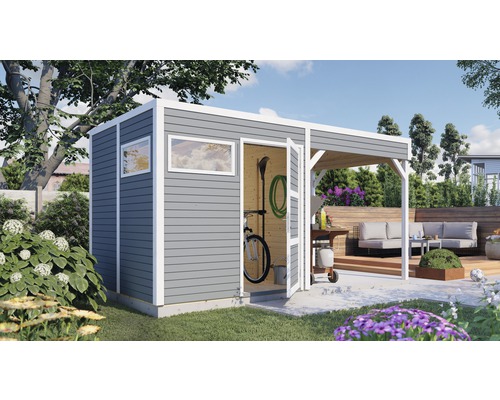 Gartenhaus Bertilo Cubo 2 inkl. Anbaudach und Fußboden 449 x 240 cm hellgrau exclusiv bei Hornbach