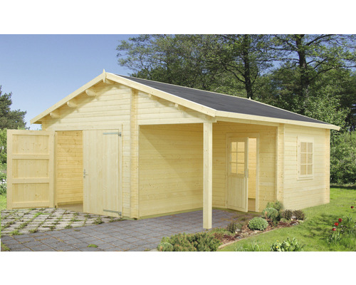 Einzelgarage Palmako Roger 21,9+5,2 m² mit Holztor 510 x 550 cm tauchgrundiert Holzgarage mit geöffnetem Garagentor, Seiteneingang und Vordach