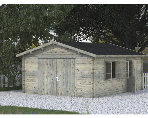 Einzelgarage Palmako Roger 23,9 m² mit Holztor 450 x 550 cm tauchgrundiert grau Holzgartenhaus mit Doppeltür und Fenster