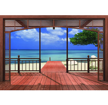 Fototapete mit Holzrahmen und Blick auf einen Strand