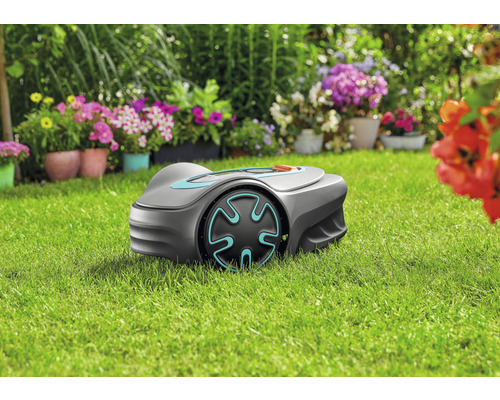 Rasenmähroboter auf Rasenfläche vor Blumenbeeten