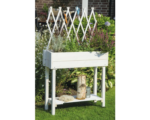 Hochbeet aus Holz mit Rankhilfe im Garten