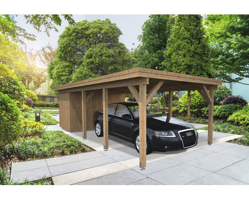 Geräteraum Palmako für Carport Karl 23,1 m² 315 x 196 cm tauchgrundiert braun Auto unter einem Carport aus Holz im Garten