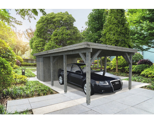 Geräteraum Palmako für Carport Karl 23,1 m² 315 x 196 cm tauchgrundiert grau Grauer Holzcarport mit Abstellraum und Auto im Garten