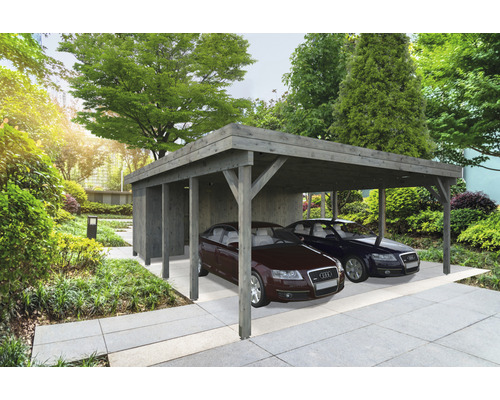 Geräteraum Palmako für Carport Karl 40,6 m² 555 x 196 cm tauchgrundiert grau Doppelcarport aus Holz mit zwei geparkten Autos im Garten.