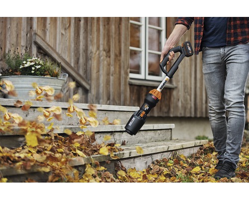Person entfernt Laub mit einem Akku-Laubbläser von einer Treppe vor einem Haus.