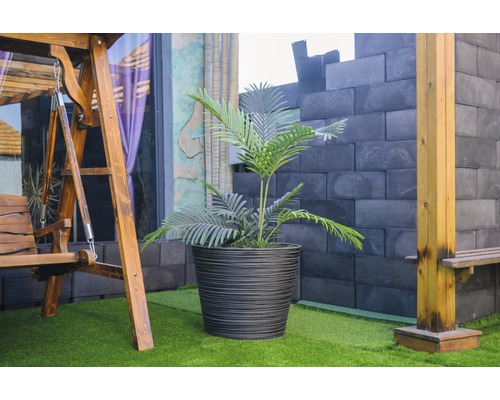 Szene mit einer Holzschaukel und einer Kunstpflanze in einem Topf