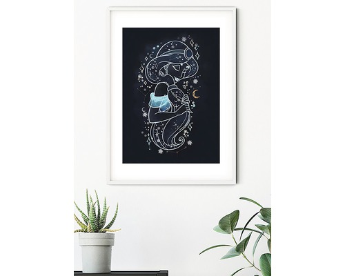 Gerahmtes Bild mit stilisierter Jasmine-Figur, Sternbildern und Halbmondsymbol