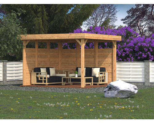 Holzelement Palmako für Gartenlaube Lucy 12,2 m² 103x230 cm tauchgrundiert braun Holzpavillon mit Sitzgruppe im Garten
