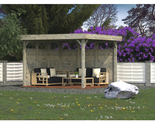 Holzelement Palmako für Gartenlaube Lucy 12,2 m² 103x230 cm tauchgrundiert grau Holzpavillon mit Sitzgruppe im Garten