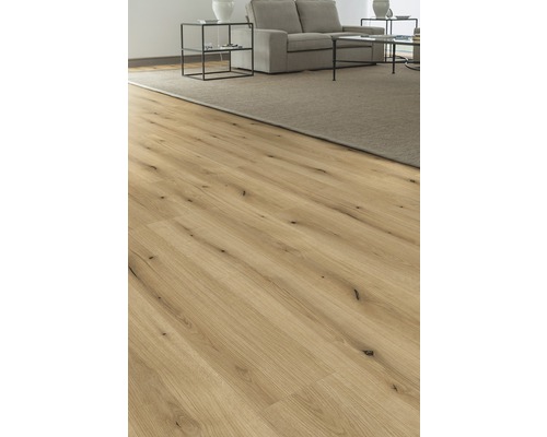 Wohnzimmer mit Laminatboden in Holzoptik und Sofa