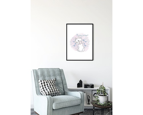 Dekoratives Wandbild mit Katzenmotiv und der Aufschrift Bonjour im Wohnzimmer