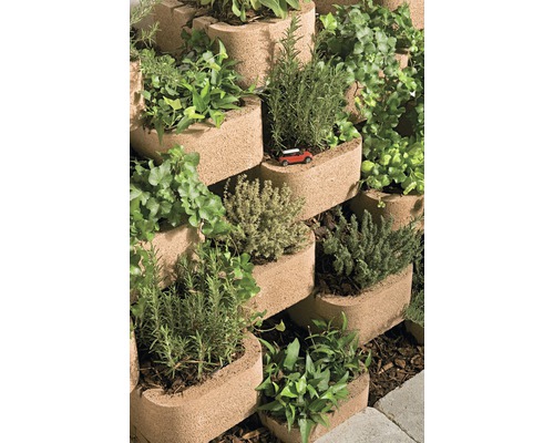 Bepflanzte Kräuterspirale aus Betonsteinen mit verschiedenen Kräutern und einer Miniatur eines roten Autos.