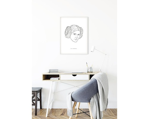 Szene mit einem Schreibtisch, Stuhl und einem gerahmten Kunstdruck von Leia Organa an der Wand.