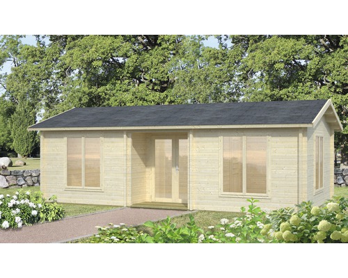 Holzgartenhaus mit Fenstern und Doppeltür im Garten