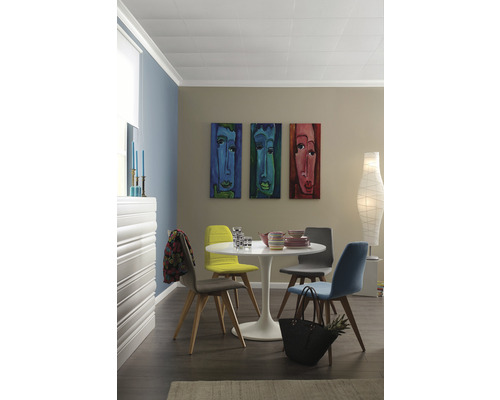 Helles Esszimmer mit Deckenpaneelen, Esstisch und Stühlen