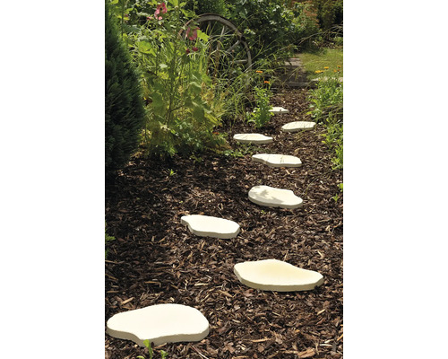 Gartenweg mit unregelmäßigen Trittsteinen durch einen begrünten Garten.