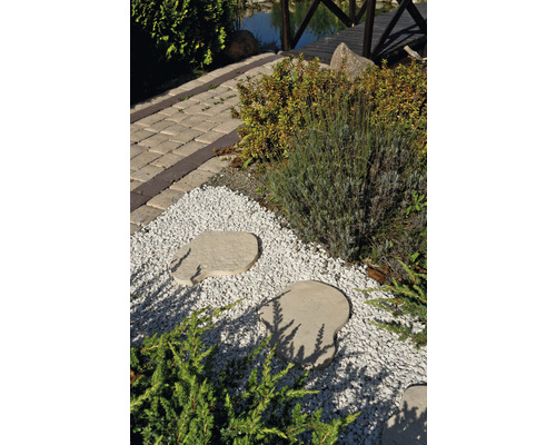 Gartenszene mit Steinplatten, Kies und Pflanzen in der Gartengestaltung nahe eines Teichs.