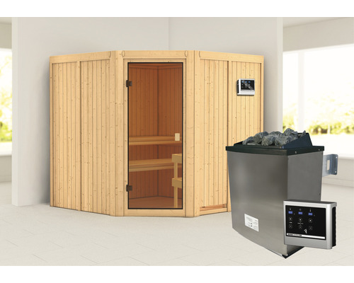 Elementsauna Karibu Kotka inkl. 9 kW Ofen u.ext.Steuerung ohne Dachkranz mit bronzierter Ganzglastüre