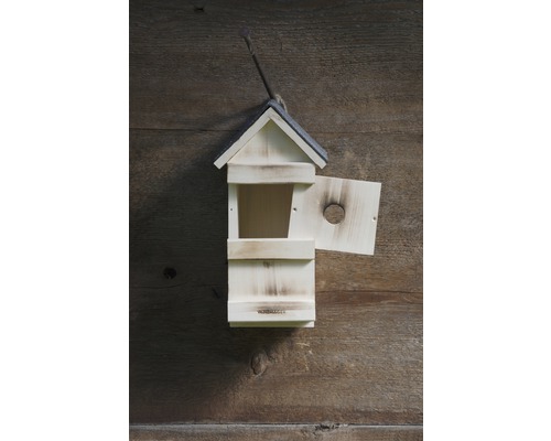 Vogelhaus aus Holz mit offenstehender Tür zur Reinigung