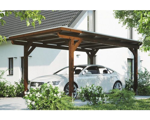 Einzelcarport Konsta Aluminium-Dachplatten inkl. H-Anker 304x500 cm nussbaum Modernes Carport aus Holz mit Auto davor.