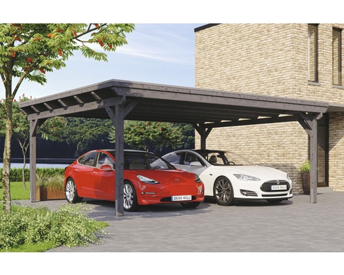 Doppelcarport Konsta Aluminium-Dachplatten inkl. H-Anker 618x500 cm schiefergrau Doppelcarport aus Holz mit zwei geparkten Autos