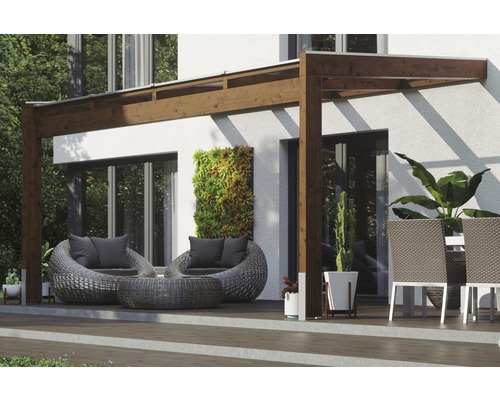 Terrassenüberdachung SKAN HOLZ Novara mit Pfostenlaschen 450x309 cm nussbaum