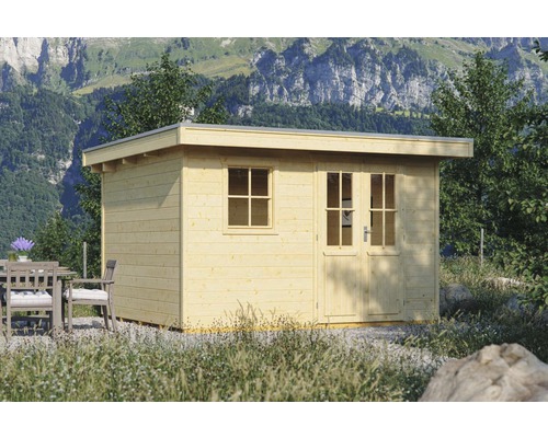 Gartenhaus Konsta Lindos inkl. Fußboden Fenster Unterkonstruktion 340 x 280 cm Holzgartenhaus mit Flachdach, Fenster und Doppeltür vor Berglandschaft