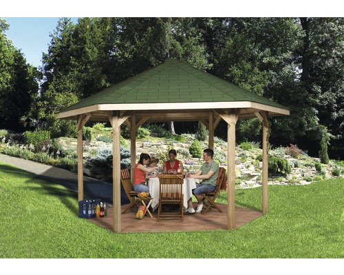 Gartenlaube weka Norderney Gr. 2 329 x 376 cm kesseldruckimprägniert Gartenpavillon aus Holz mit Familie am Tisch im Garten